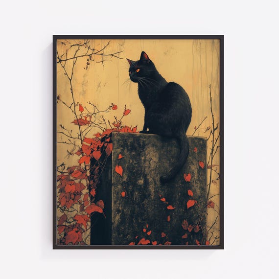Gothic Black Cat Art Print Sepia Toned Autumn Illustration