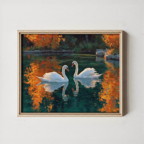 Romantic Swans On Glassy Pond Moody Autumn Nature Art Wall Decor Serene Landscape With Fall Foliage Reflections Painting 454