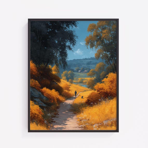 Autumn Landscape Gouache Painting Countryside Path Wall Art V39