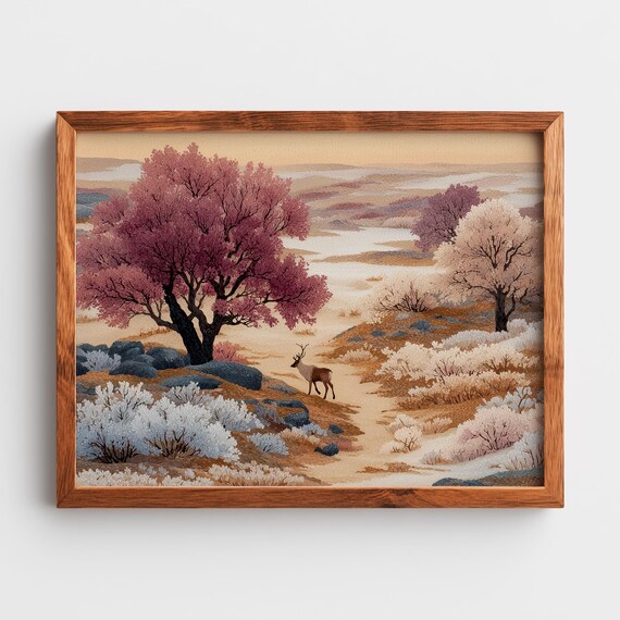 Moody Nordic Winter Reindeer Trail Rustic Serene Landscape Tundra Scenery Cozy Art Soft Painterly Scene 368