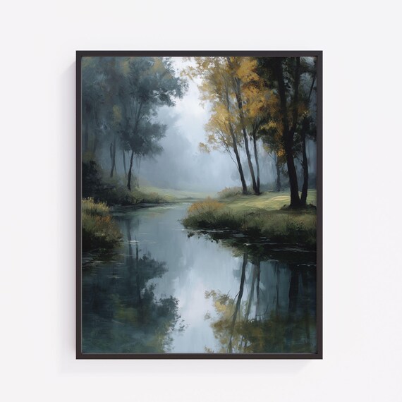 Foggy Autumn Pond Art Print Moody Landscape Painting V128