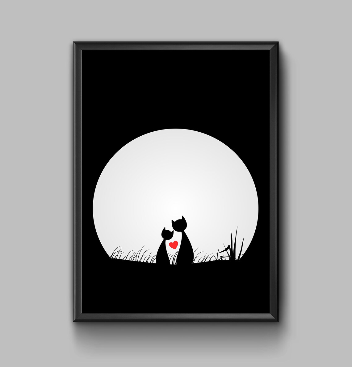 Two Black Cats Silhouette Under Full Moon Red Heart Night Poster - Image 2