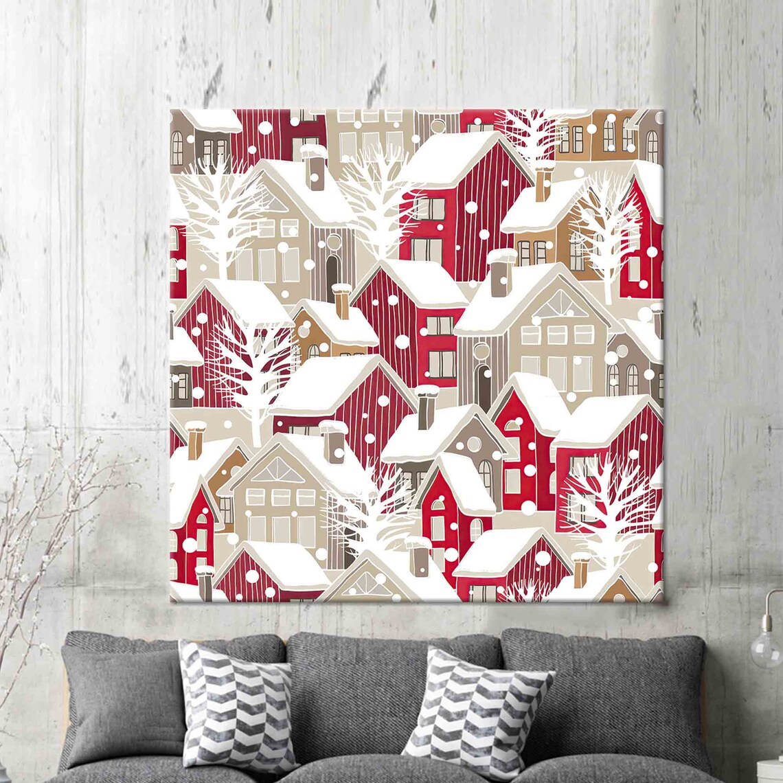 Snowy Christmas Village Red Houses Winter Holiday Art Poster