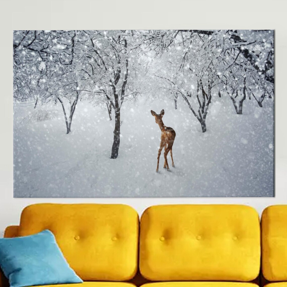 Small Fawn Standing Alone In A Snowy Winter Forest Scene Poster