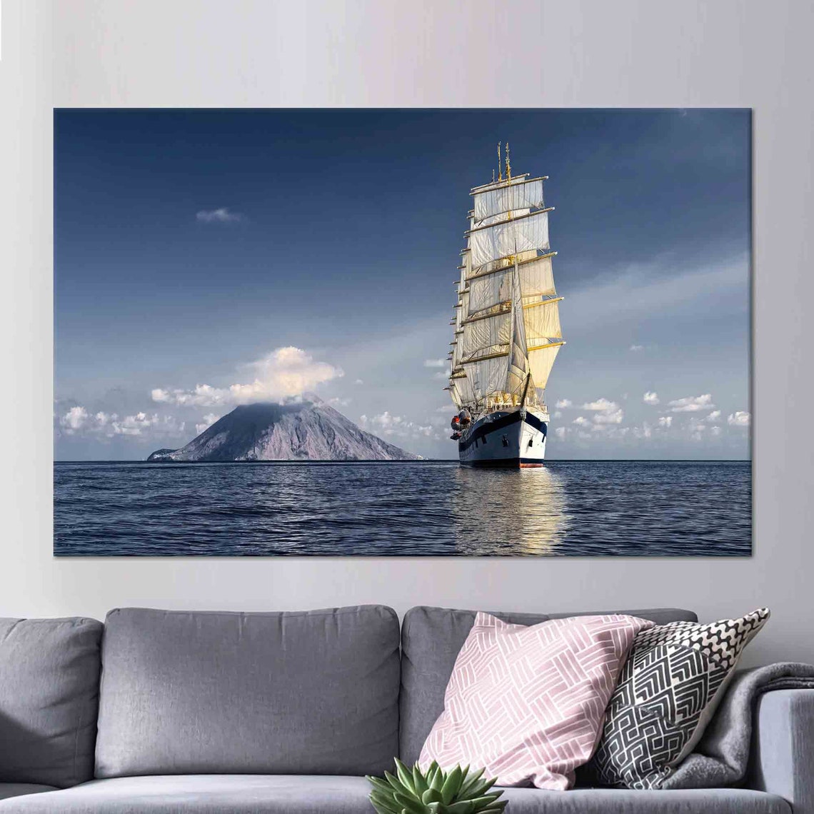 Tall Sailing Ship Full Sails by Volcanic Island Ocean Poster