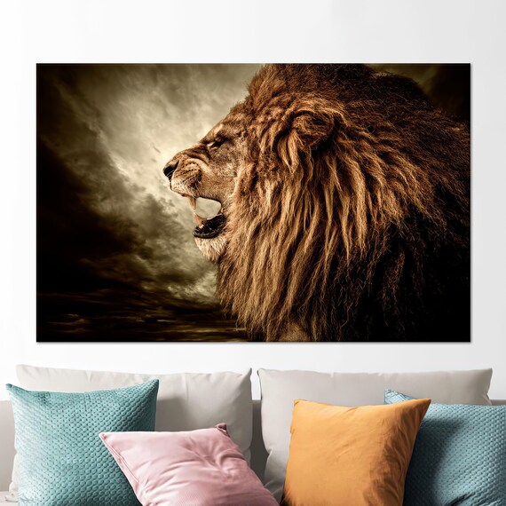 Roaring Lion Profile Stormy Sky Dramatic Wildlife Photography Poster