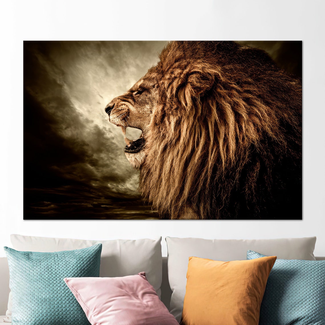 Roaring Lion Profile Stormy Sky Dramatic Wildlife Photography Poster