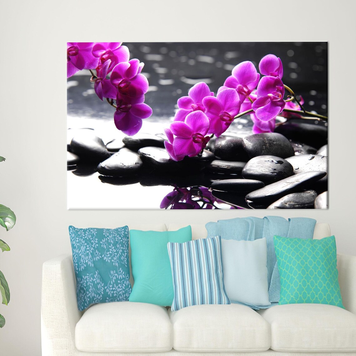 Purple Orchids Resting On Black Spa Stones Zen Floral Poster