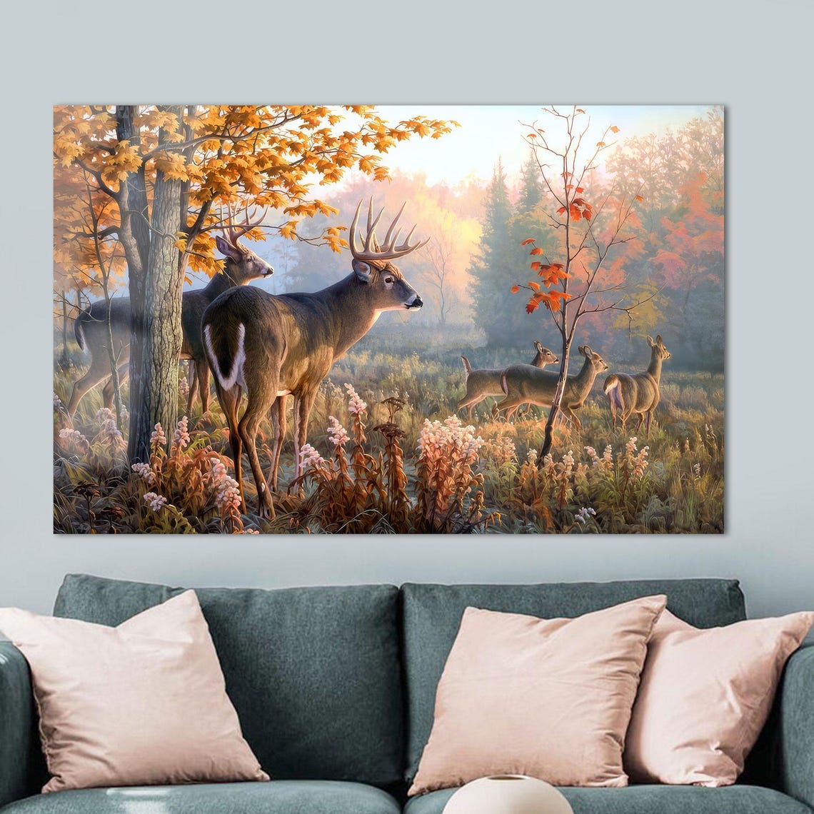 Whitetail Deer Buck And Does In Golden Autumn Forest Scene Poster - Image 2