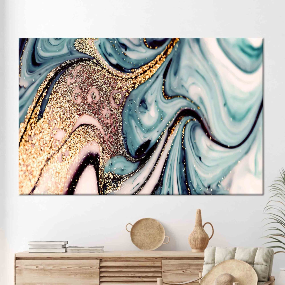 Blue and Gold Glitter Marble Swirl Shimmer Abstract Decor Poster