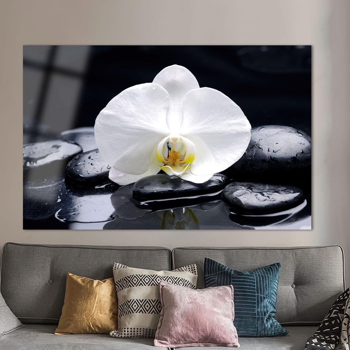 Single White Orchid Resting On Black Spa Stones Zen Decor Poster - Image 2