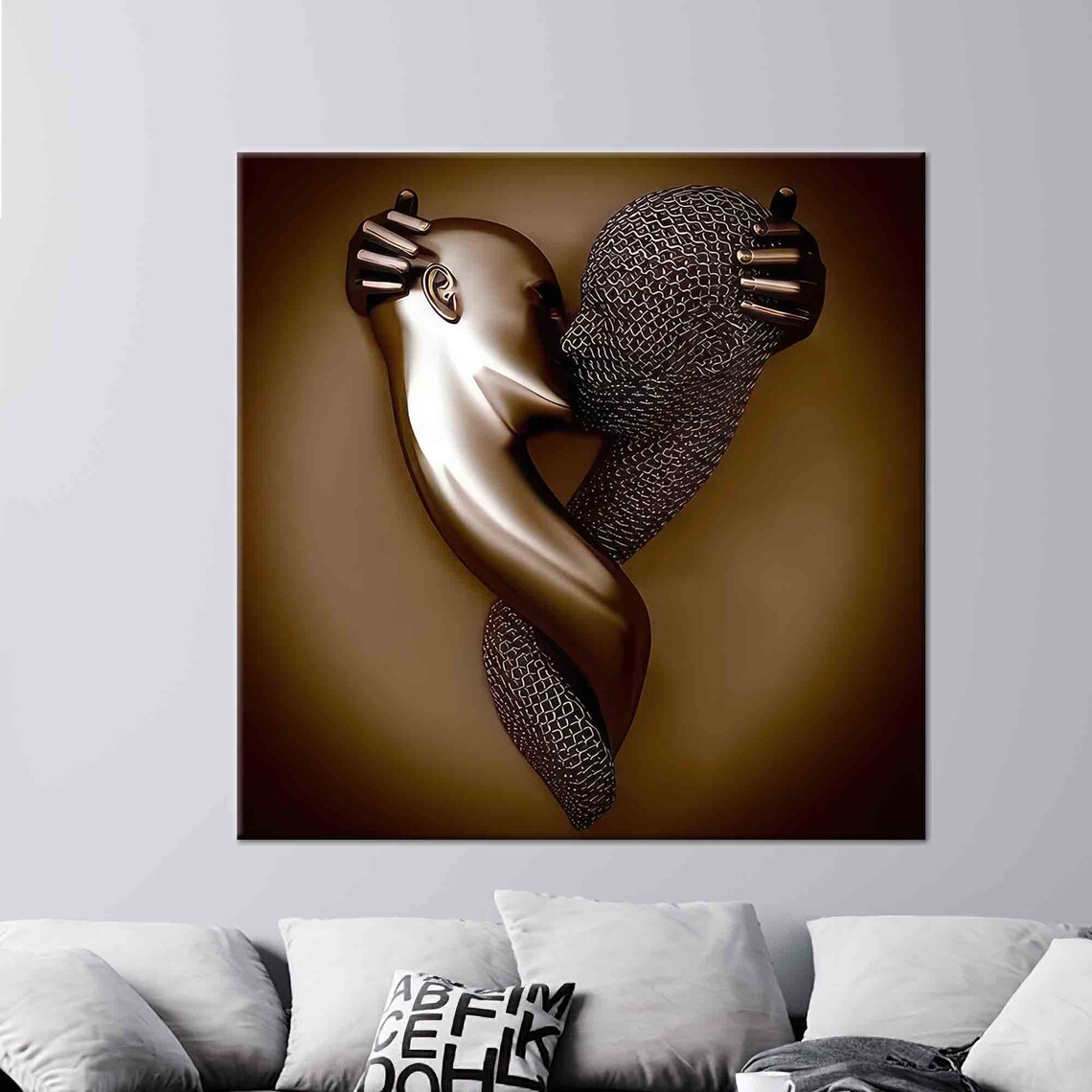 Bronze Metallic Kissing Couple Entwined Figures Art Wall Poster