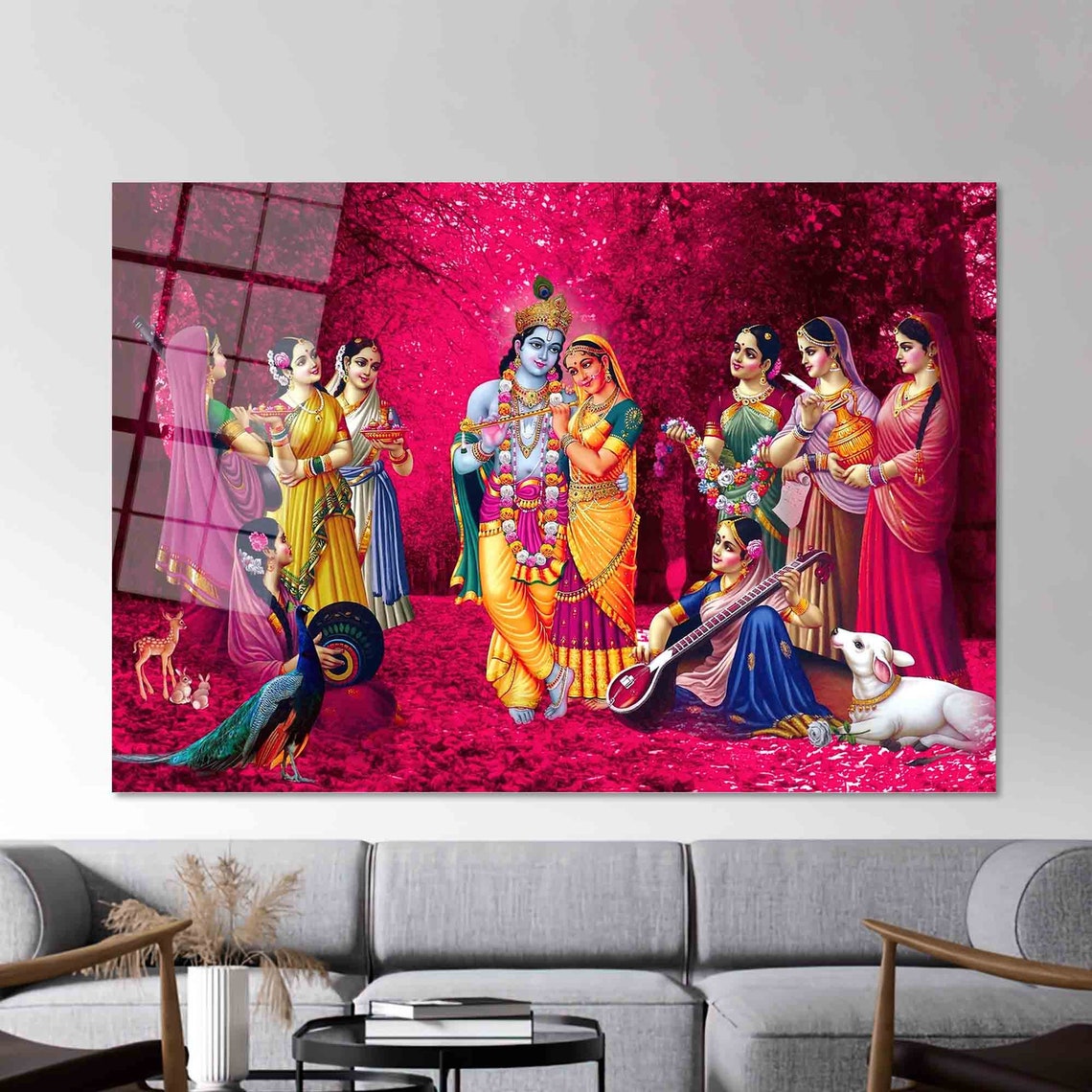 Radha Krishna with Gopis Vibrant Pink Hindu Devotional Wall Poster - Image 2