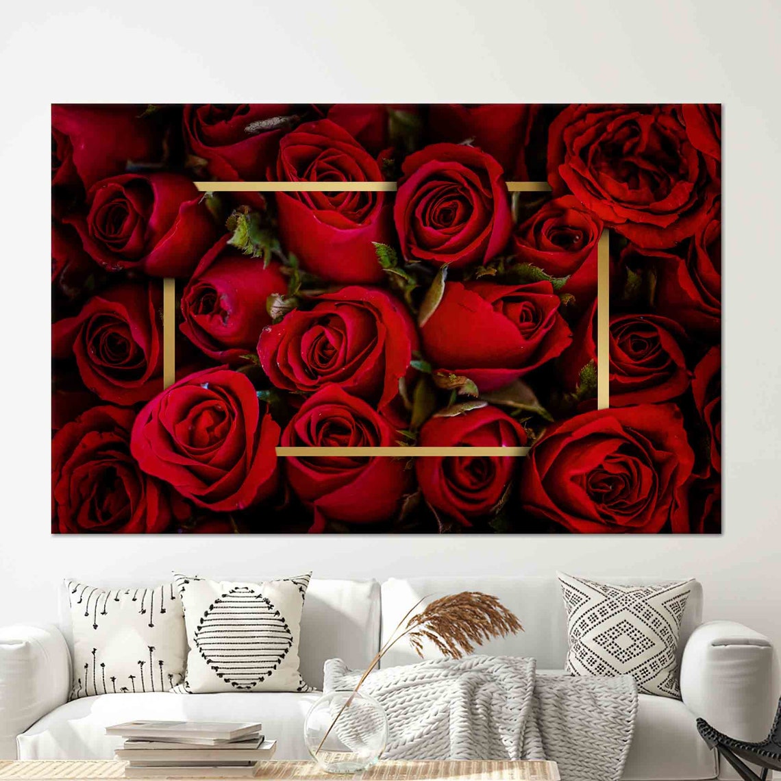 Red Roses Close Up With Thin Gold Frame Romantic Floral Poster