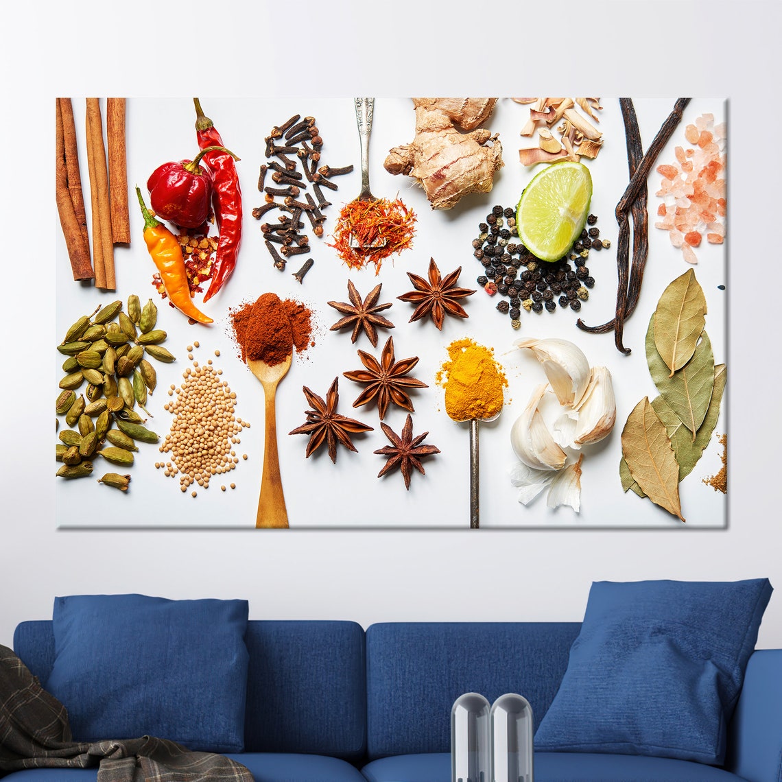 Colorful Spices Herbs Flat Lay White Background Kitchen Poster