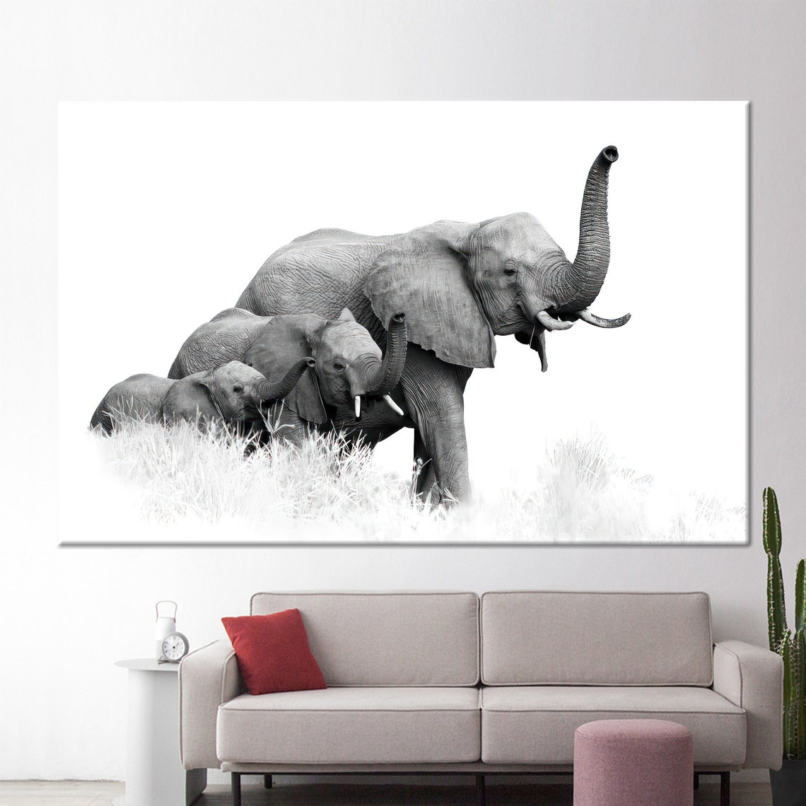 Elephant Family Mother and Calves Black and White Wildlife Poster