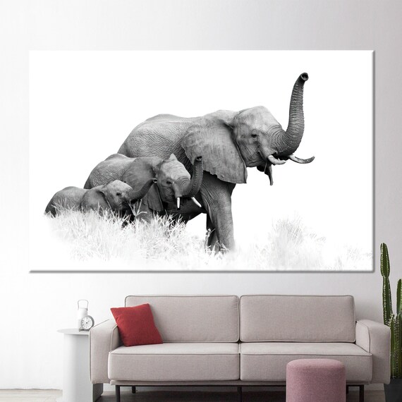 Elephant Family Mother and Calves Black and White Wildlife Poster