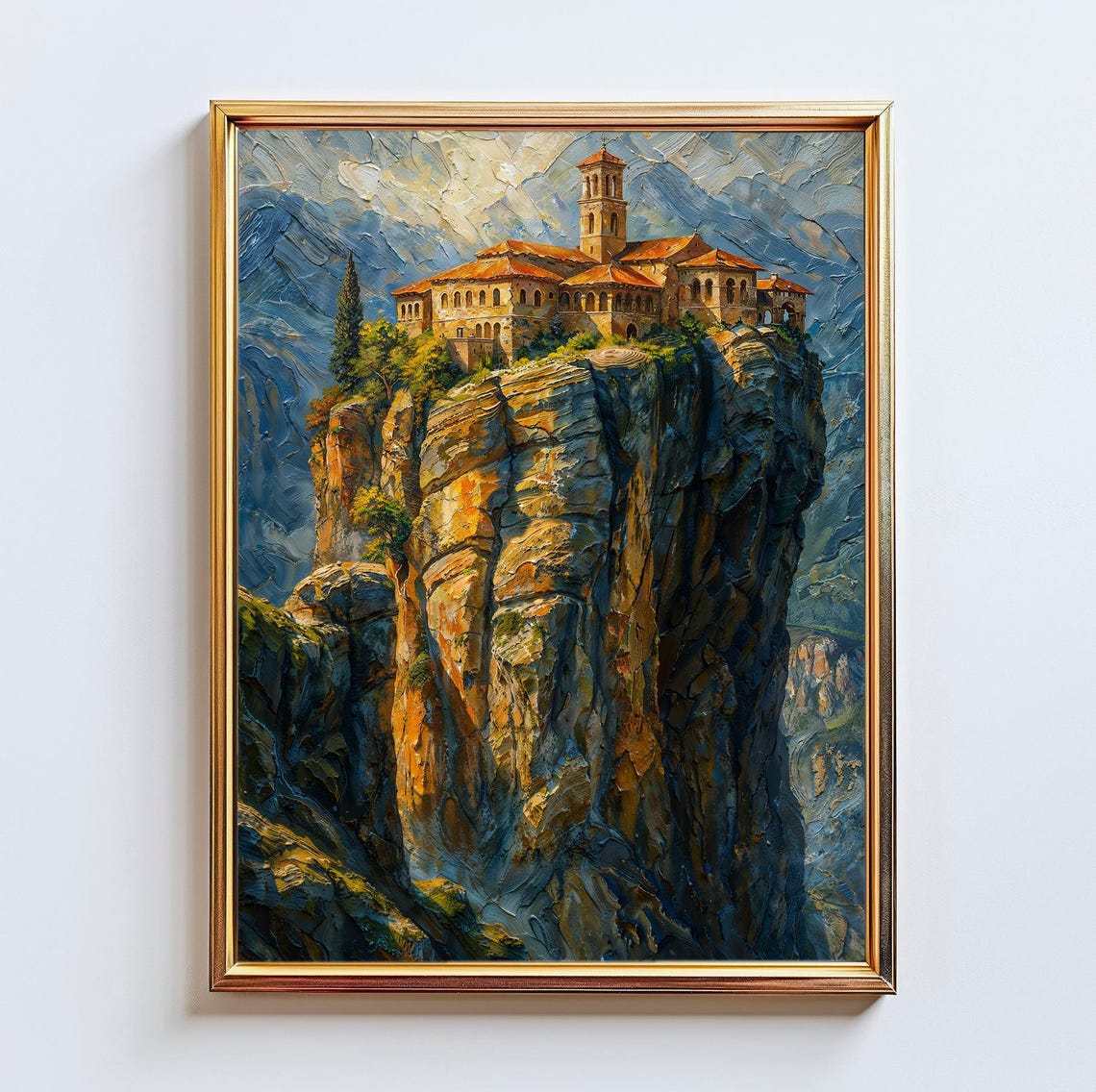 Meteora Greece Monastery Atop Cliff Rocky Peak Oil Painting Poster