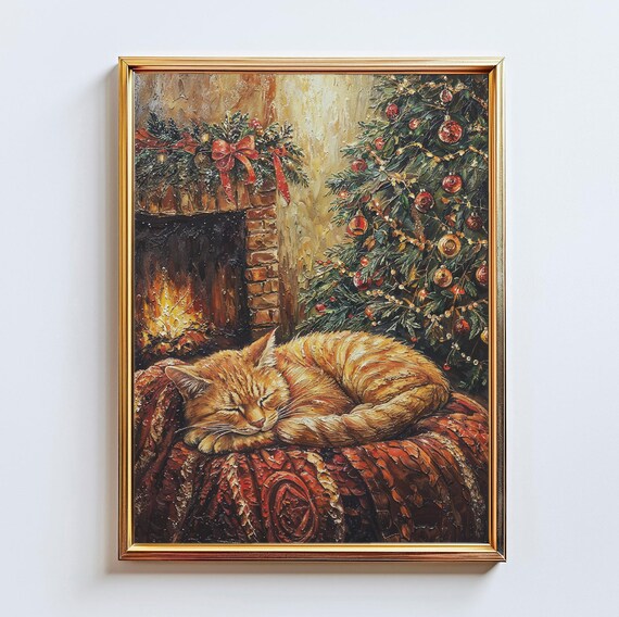 Sleeping Orange Cat Fireplace Christmas Tree Cozy Night Poster