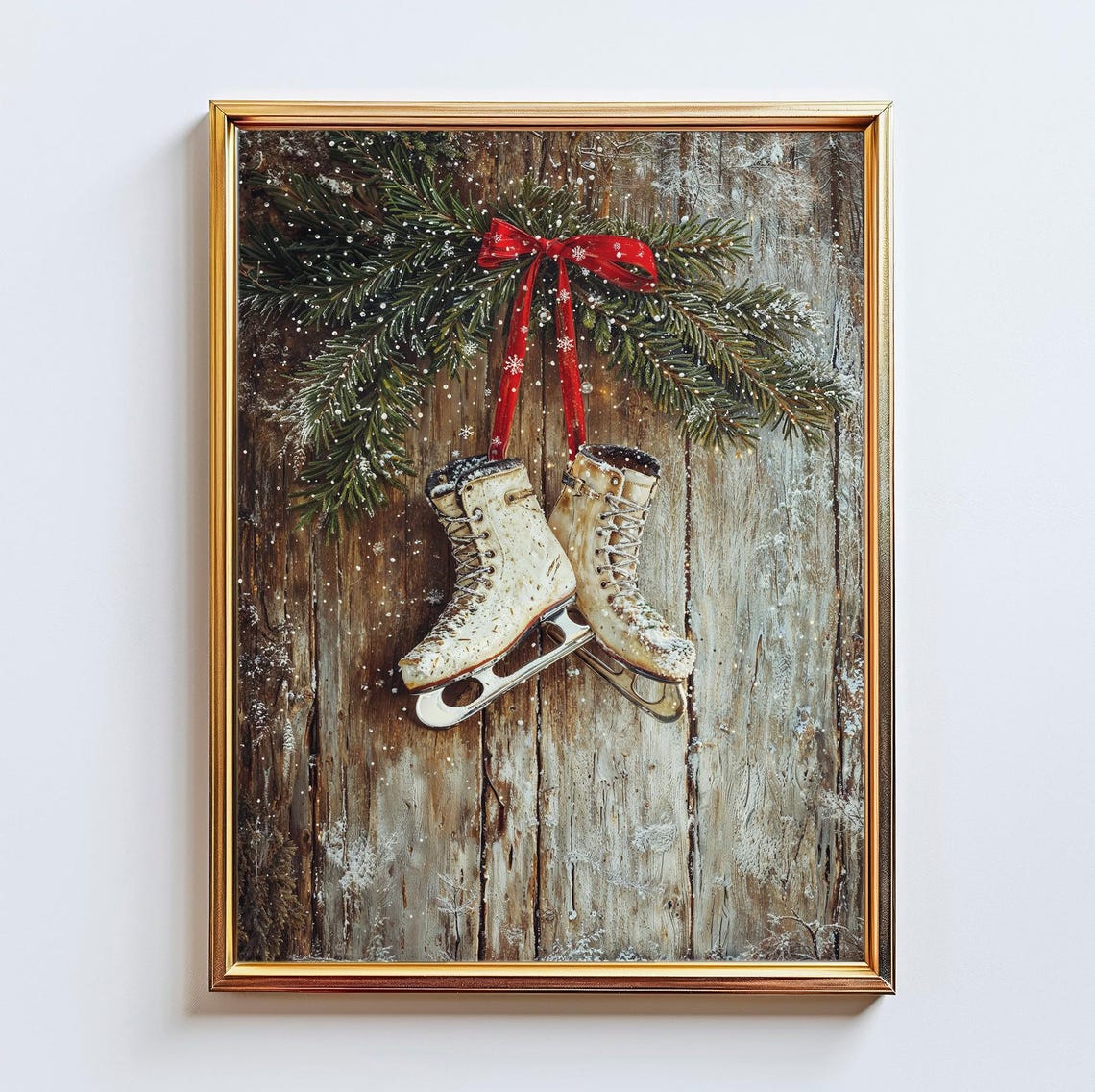 Vintage Ice Skates Pine Branch Rustic Winter Decor Snow Poster