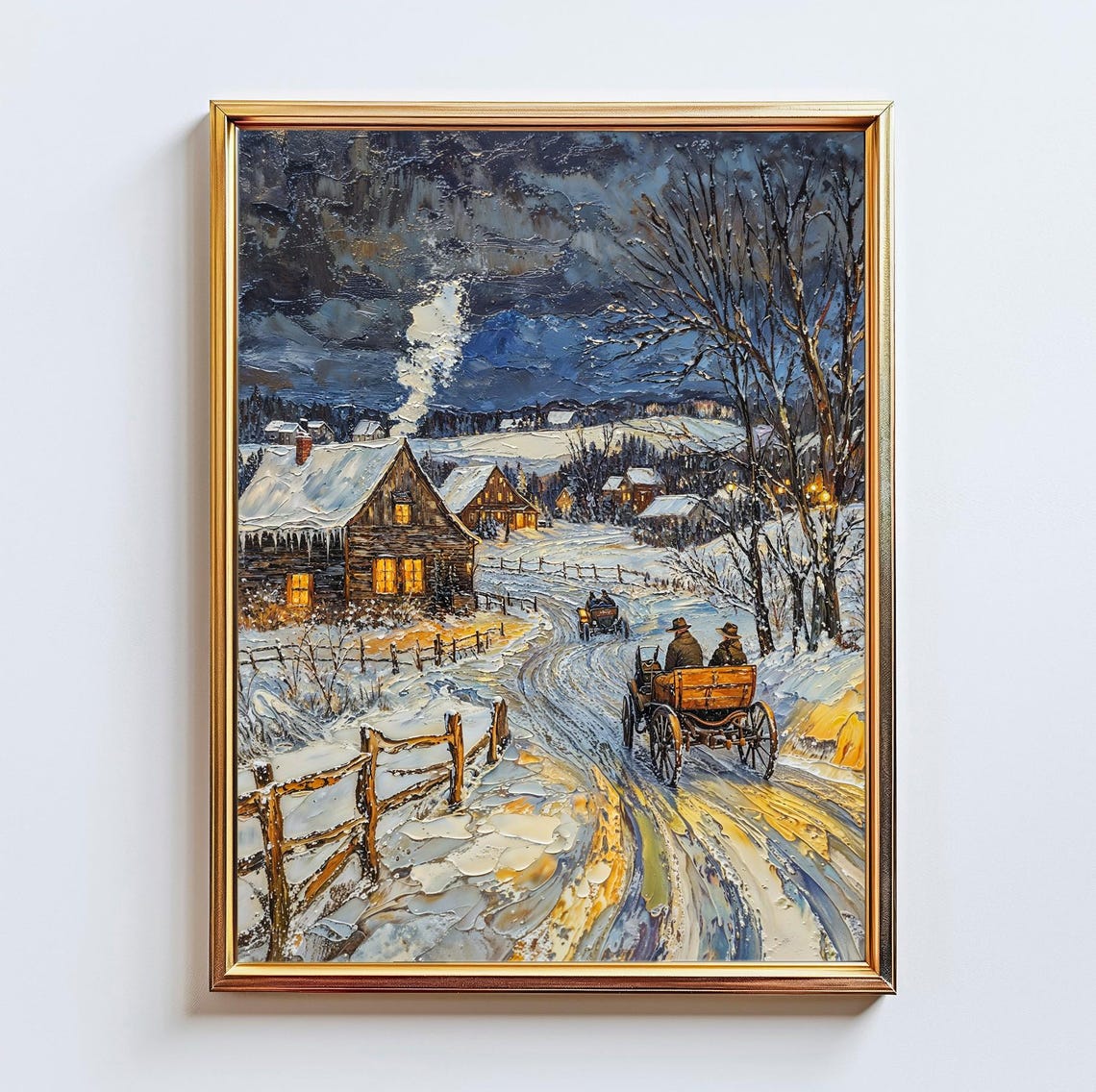 Amish Winter Village Horse Wagons Snowy Night Oil Painting Poster