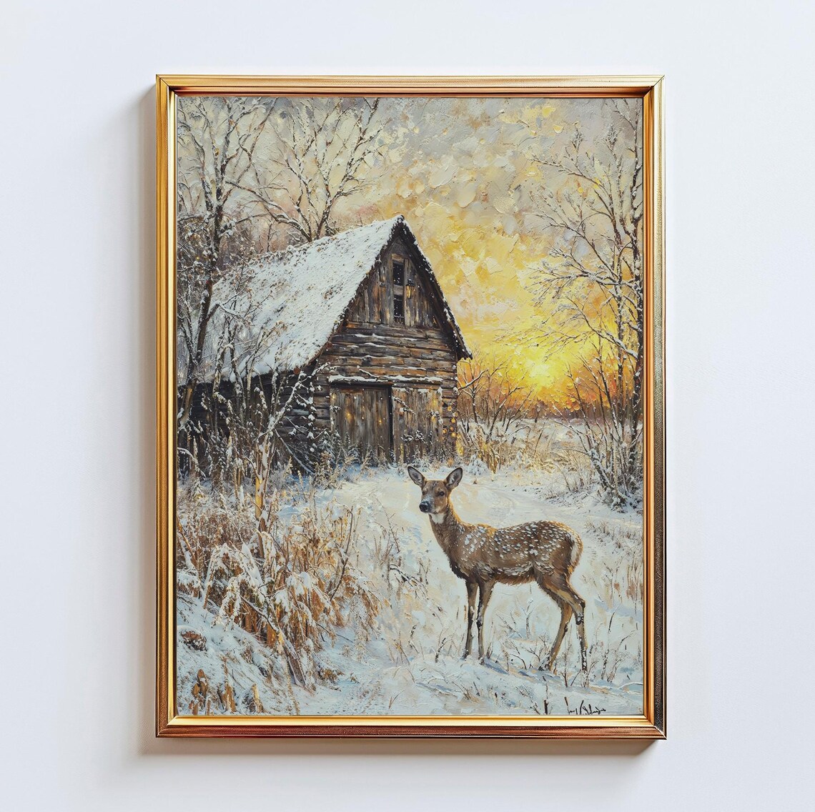 Winter Deer By Rustic Cabin