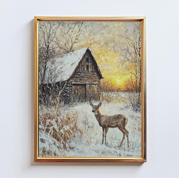 Winter Deer By Rustic Cabin