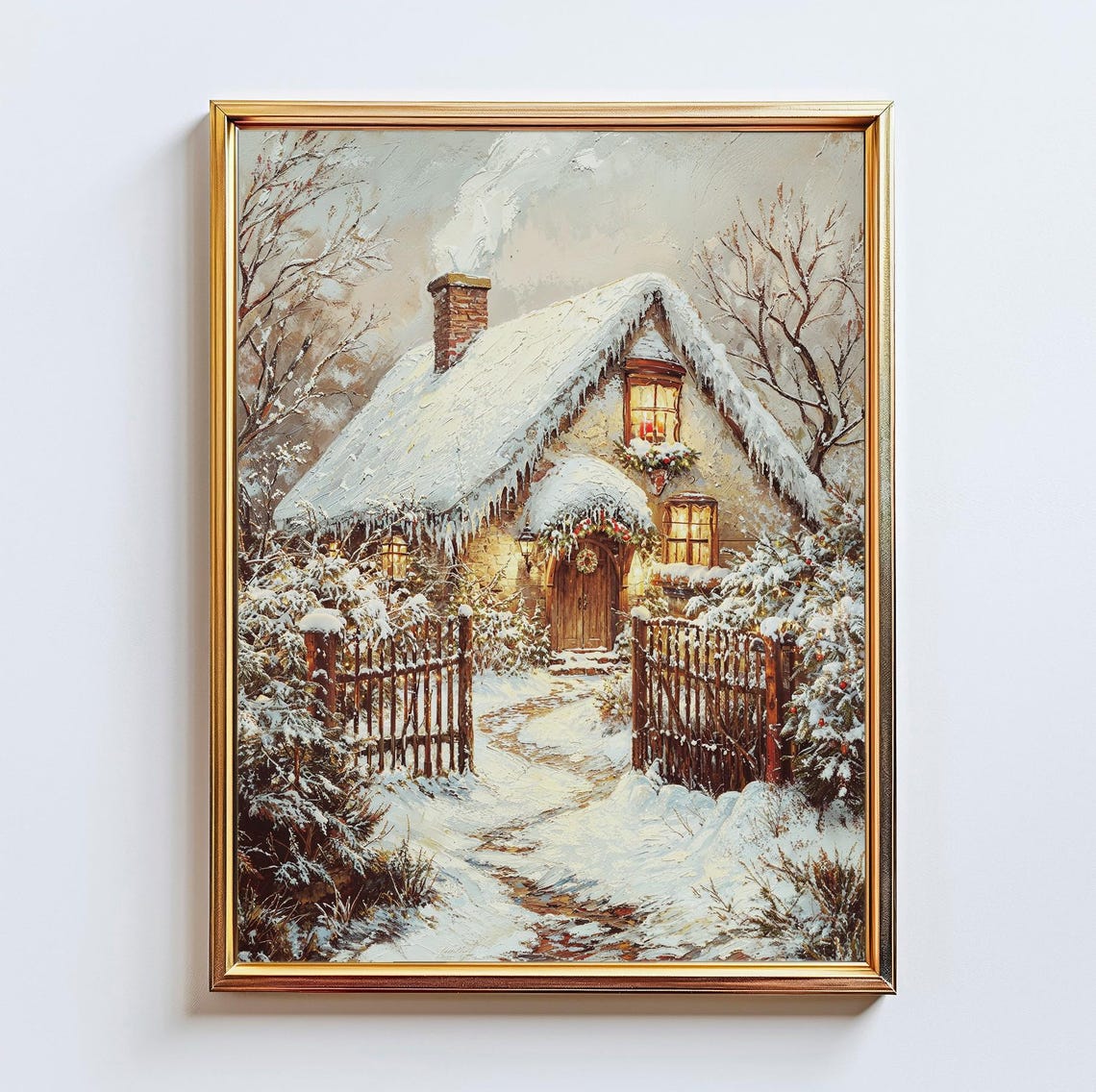 Vintage Snowy Cottage With Lanterns And Wreath Winter Landscape Poster