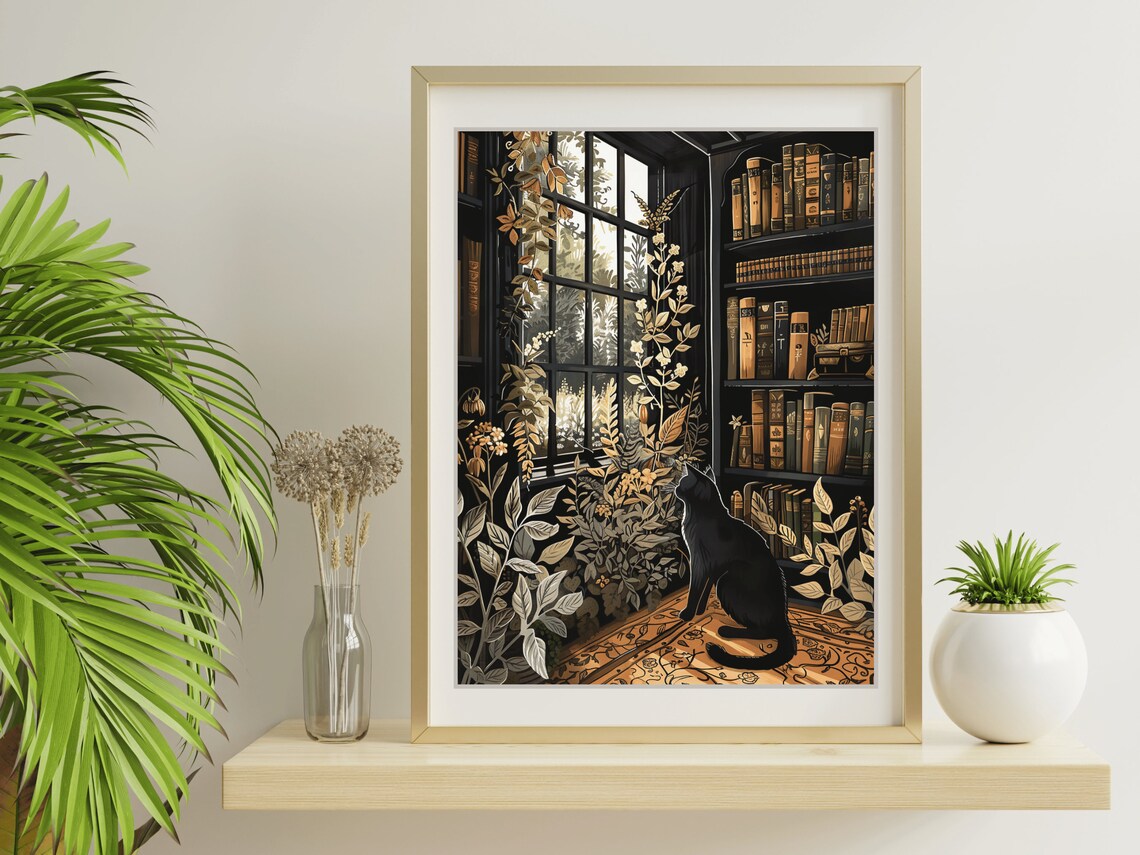 Black Cat Botanical Library Plants Window Dark Academia Cat Painting Poster - Image 2