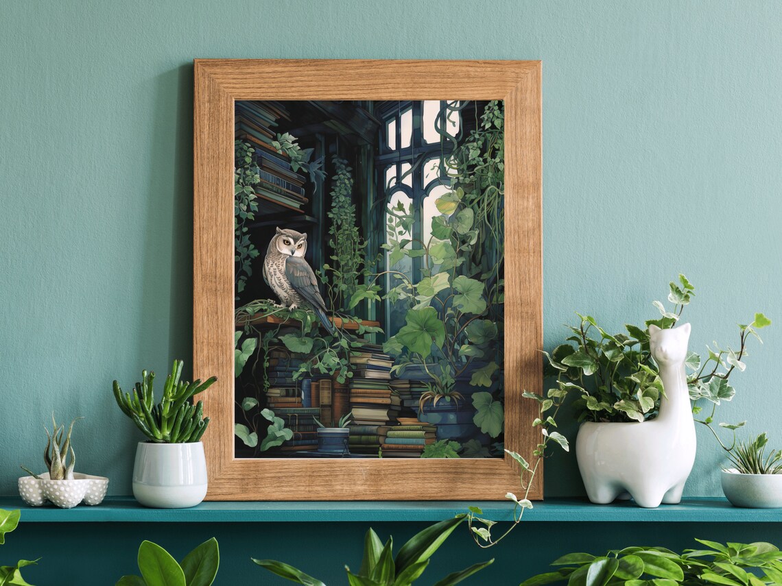 Owl Green Library Overgrown Books Vines Gothic Conservatory Painting Poster - Image 5