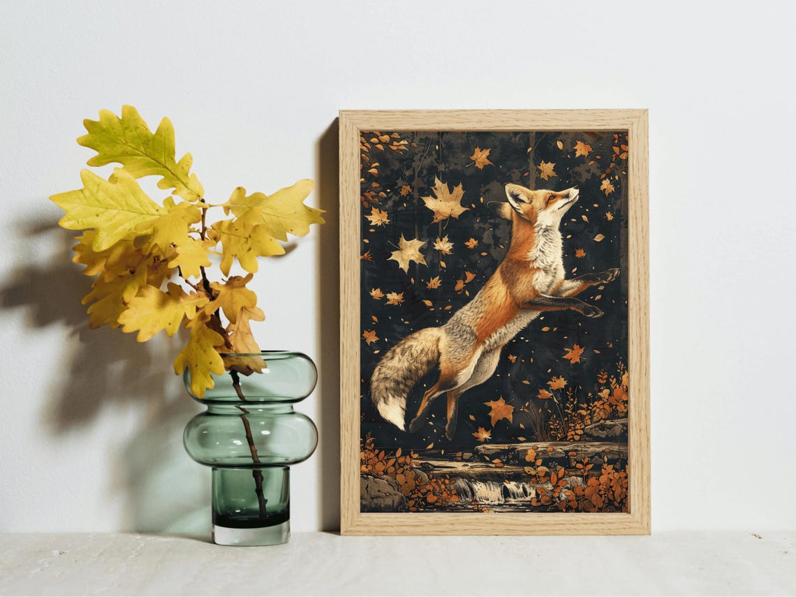 Red Fox Leaping Through Falling Autumn Leaves At Night Wall Art - Image 2