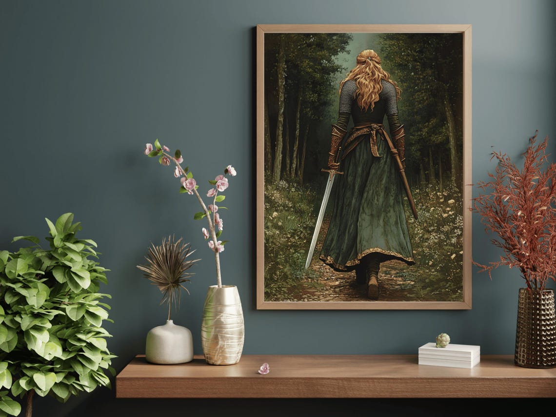 Lady Knight With Sword Walking Down A Woodland Path At Dusk Poster - Image 5