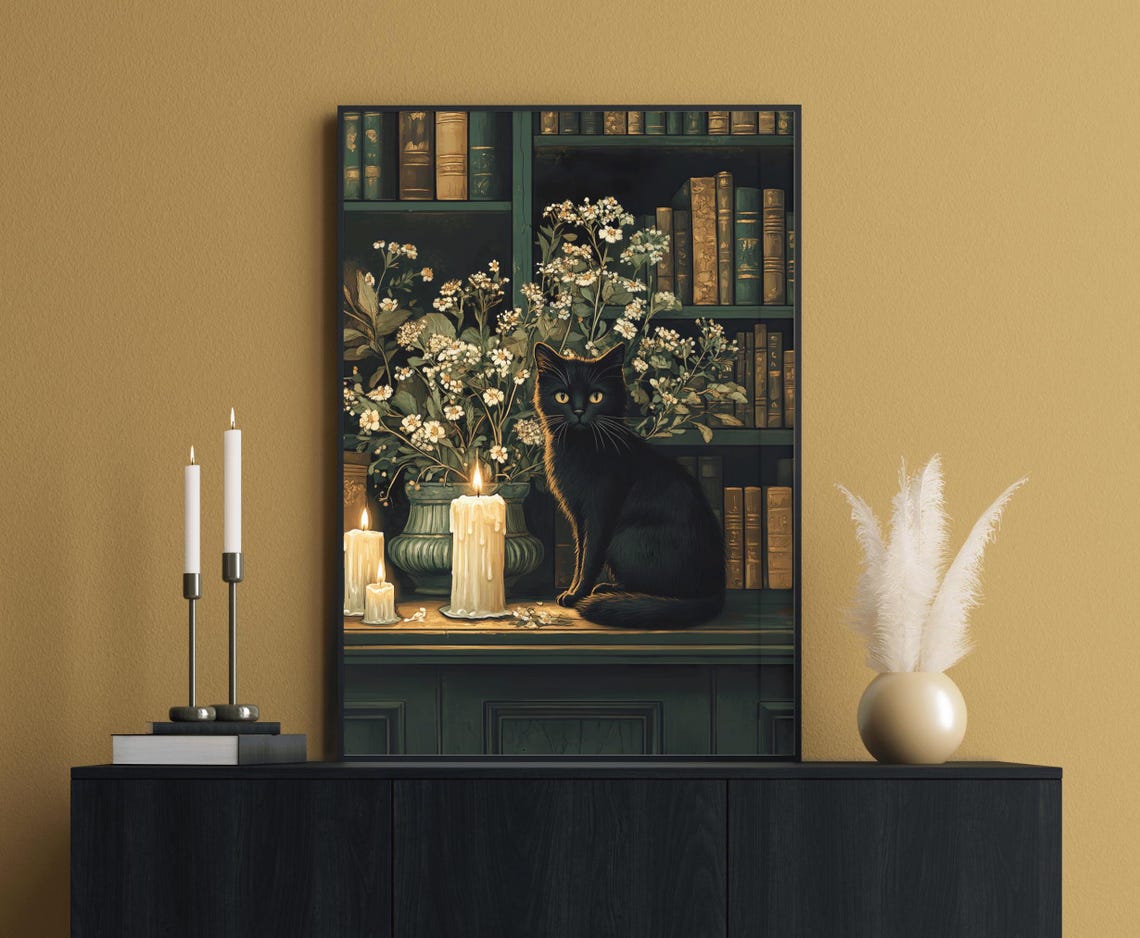 Black Cat In Candlelit Library Among Flowers And Antique Books Poster - Image 4