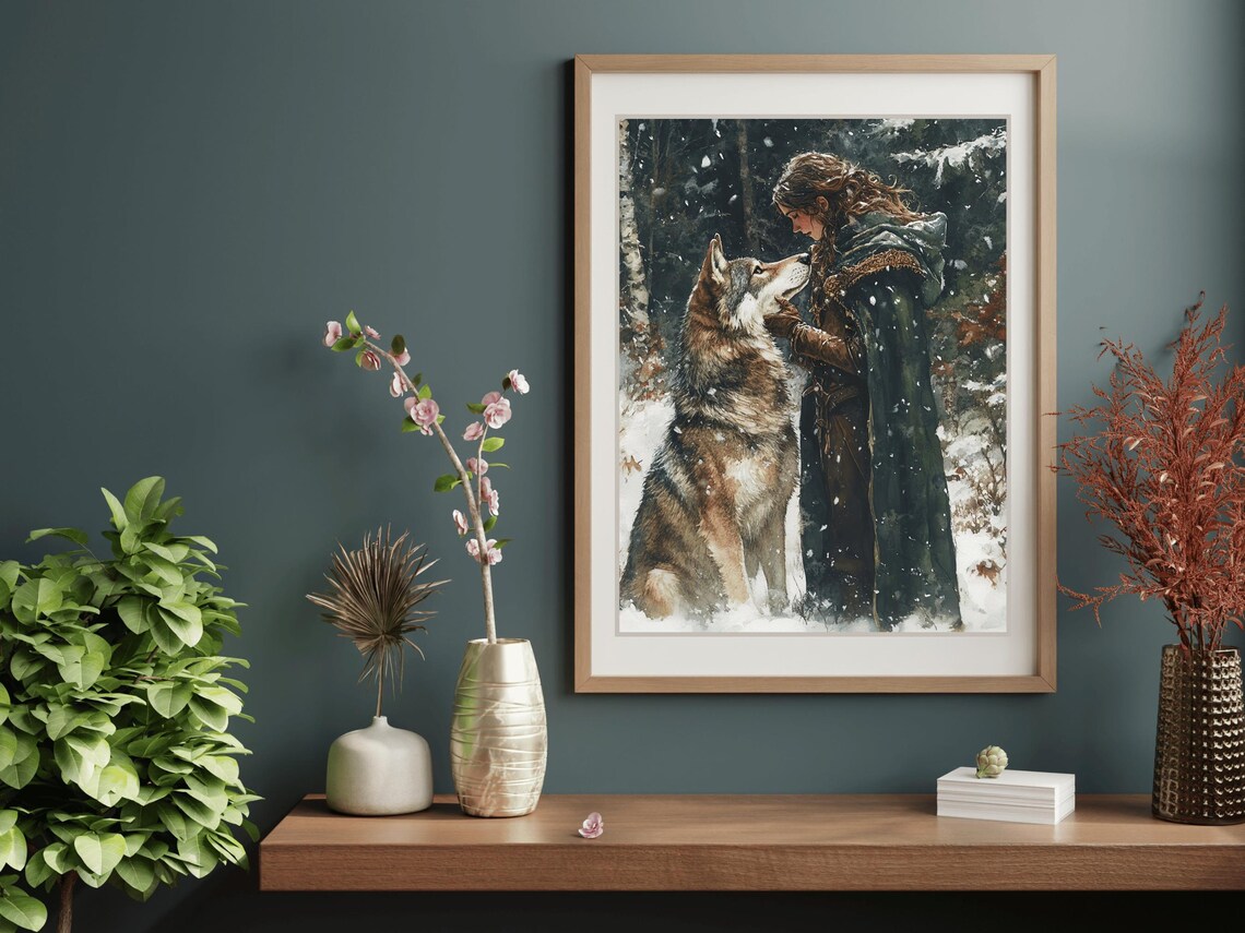 Lady Warrior And Wolf In Snowy Forest Dark Fantasy Watercolor Wall Art - Image 5