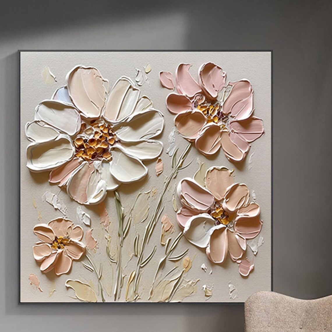 Cream Pink Cosmos Flowers Gold Center Textured Square Wall Art - Image 5
