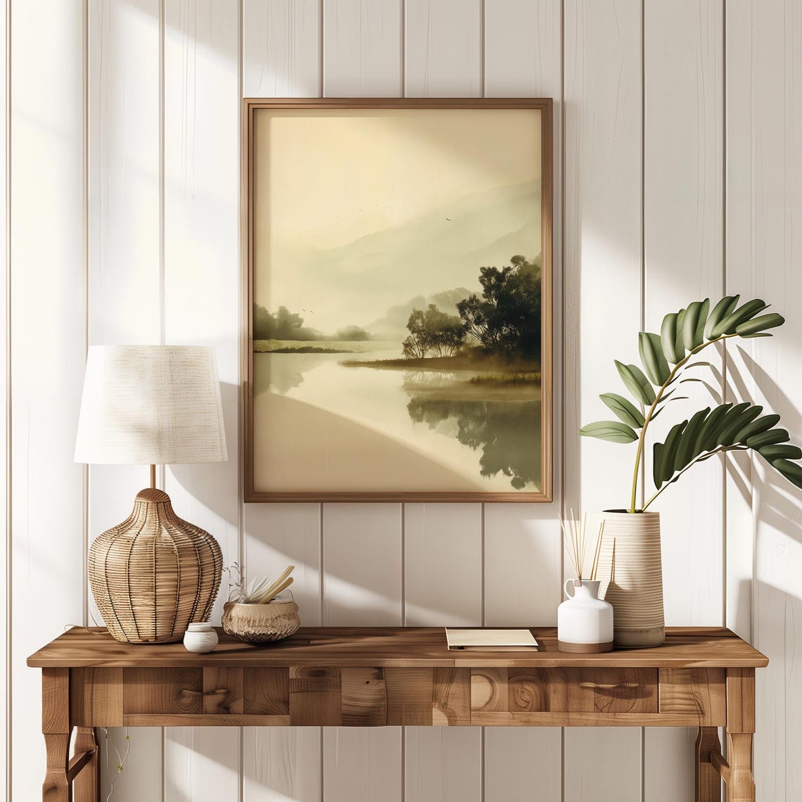 Misty Beige Lake Watercolor Landscape Calm Neutral Decor Poster