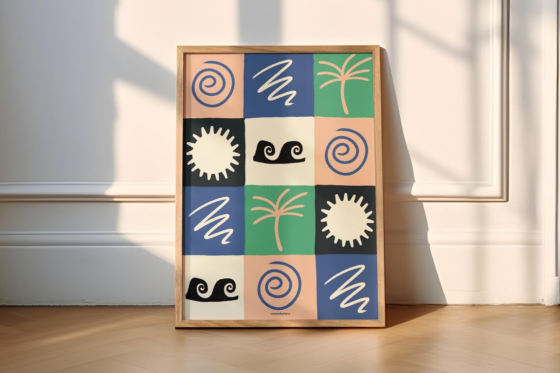 Summer Patchwork Beach Poster, Handillustrated