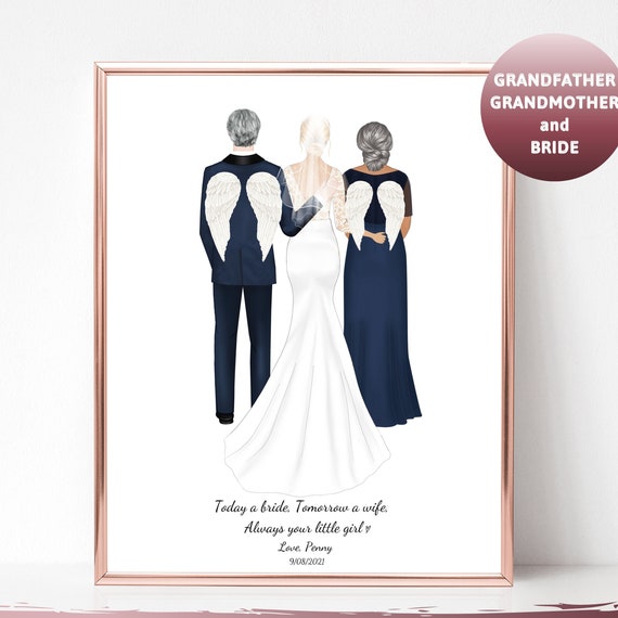 Bride With Angel Grandparents Memorial Wedding Portrait Poster