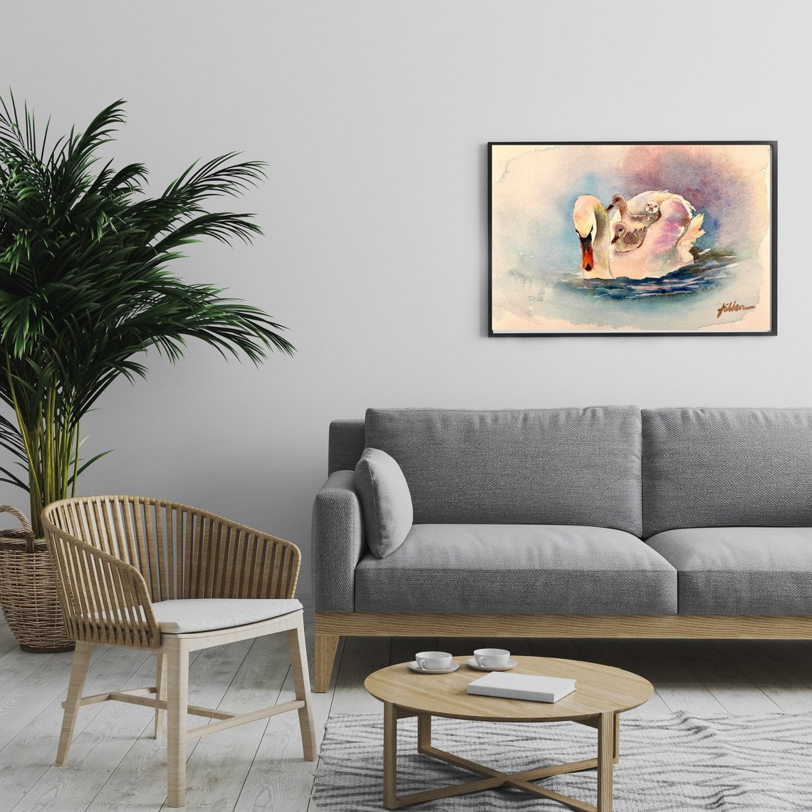 White Swan With Three Cygnets on Back Watercolor Lake Bird Poster - Image 5