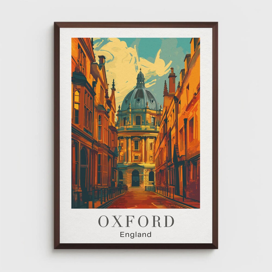 Oxford England Travel Poster Historic Street Dome Architecture Scenery