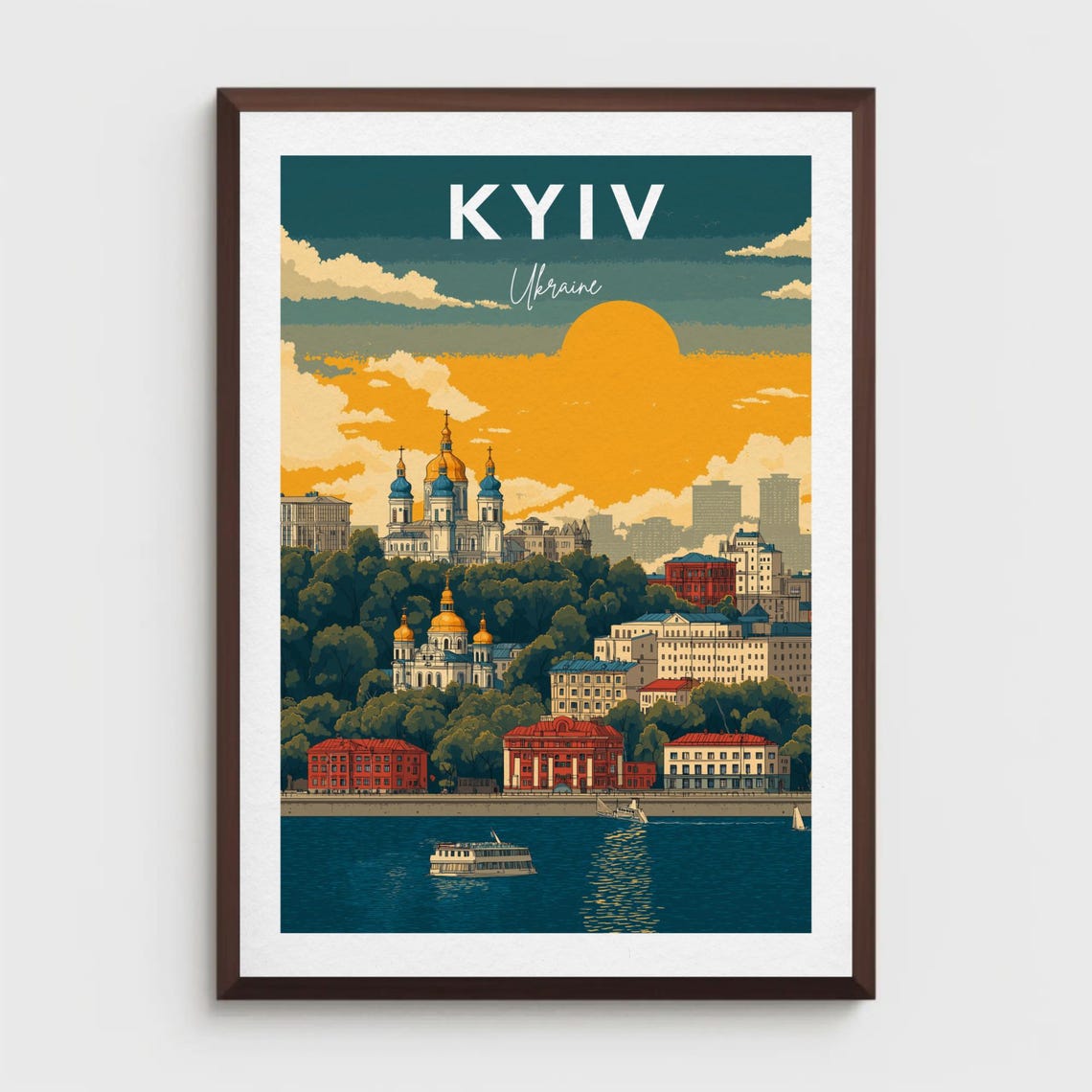 Kyiv Ukraine Retro Travel Poster with Golden Domes at Sunset