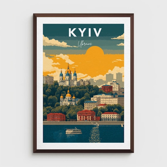 Kyiv Ukraine Retro Travel Poster with Golden Domes at Sunset