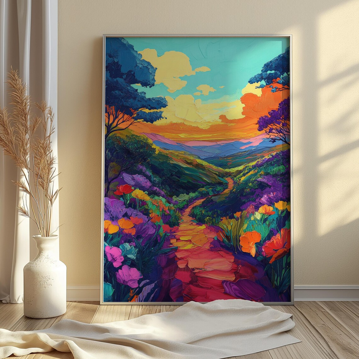 Sunset Stone Path Blooming Hillside Golden Sky Blue Trees Valley View Landscape Poster - Image 4