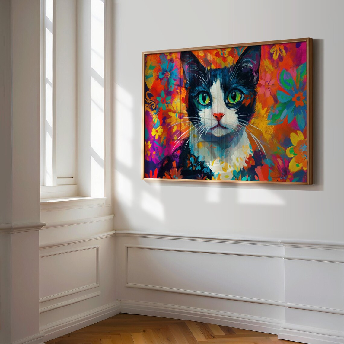 Tuxedo Cat Green Eyes Painterly Portrait Colorful Flower Garden Poster - Image 3