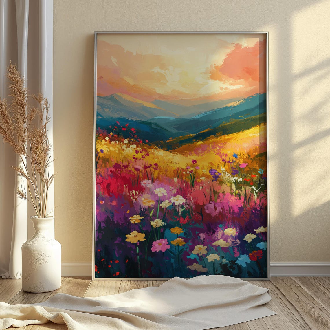 Sunset Wildflower Meadow Layered Mountain Peach Sky Art Print - Image 4