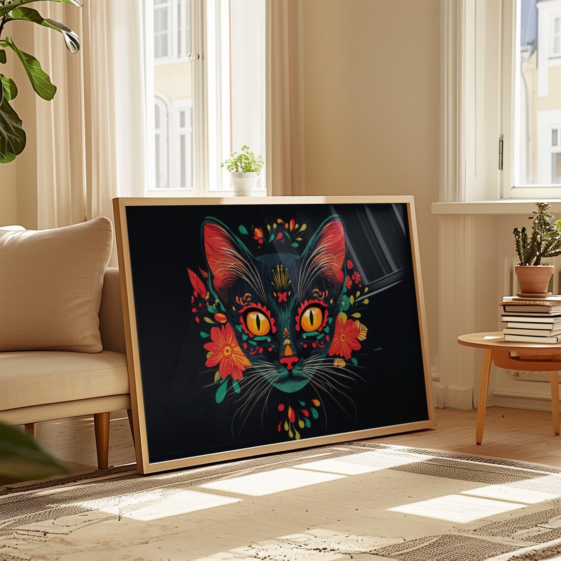 Symmetrical Black Cat Face Red Teal Floral Day of Dead Style Wall Art - Image 4