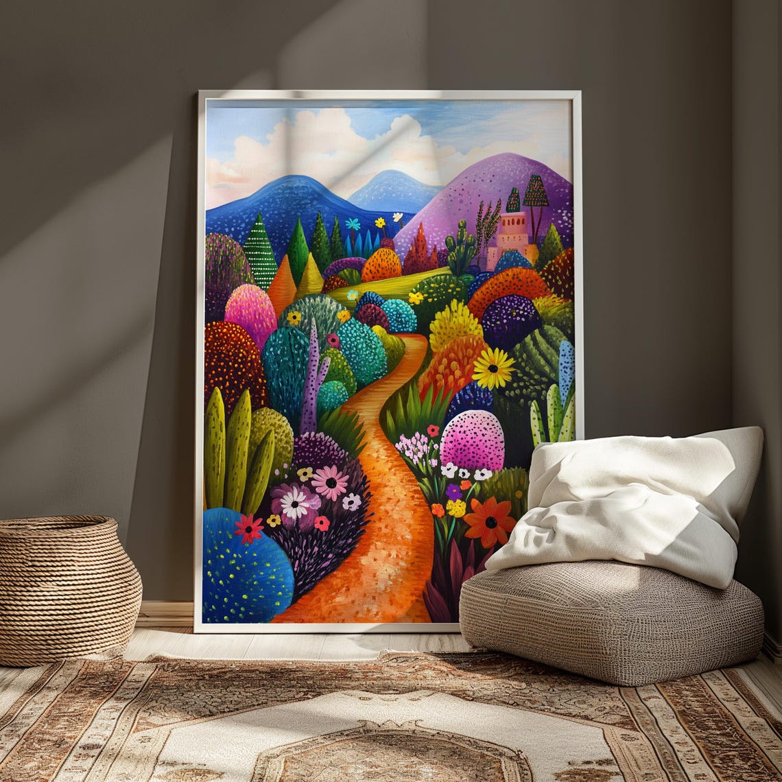 Colorful Folk Art Cactus Garden Path Pink Church Whimsical Print - Image 4