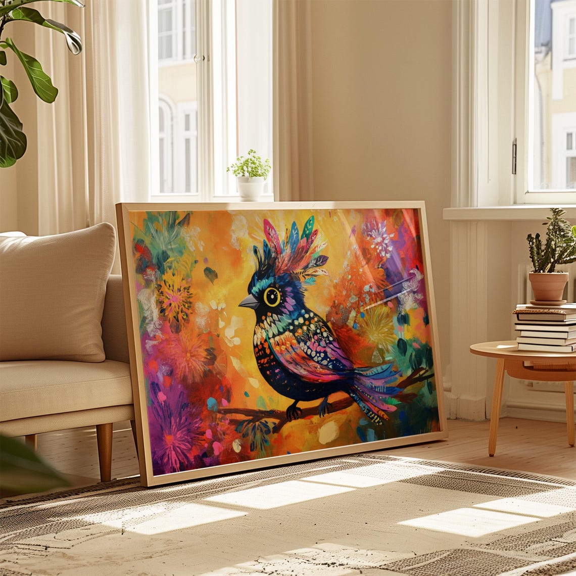 Midnight Crested Songbird Golden Eye Firework Bloom Art Print - Image 3
