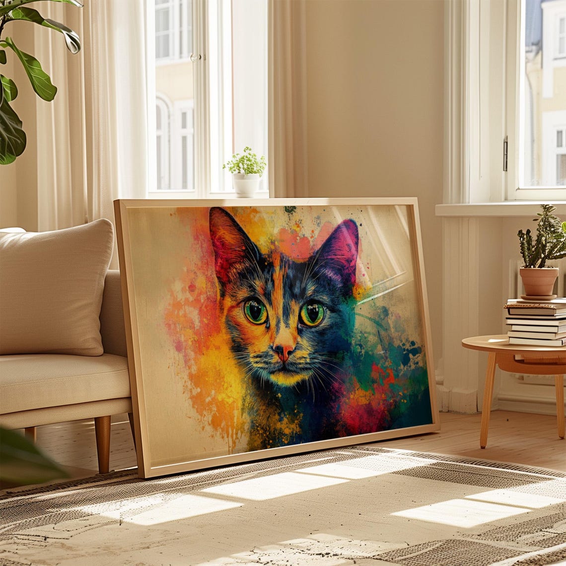 Watercolor Splatter Cat Face Green Eyes Vibrant Rainbow Splash Poster - Image 4