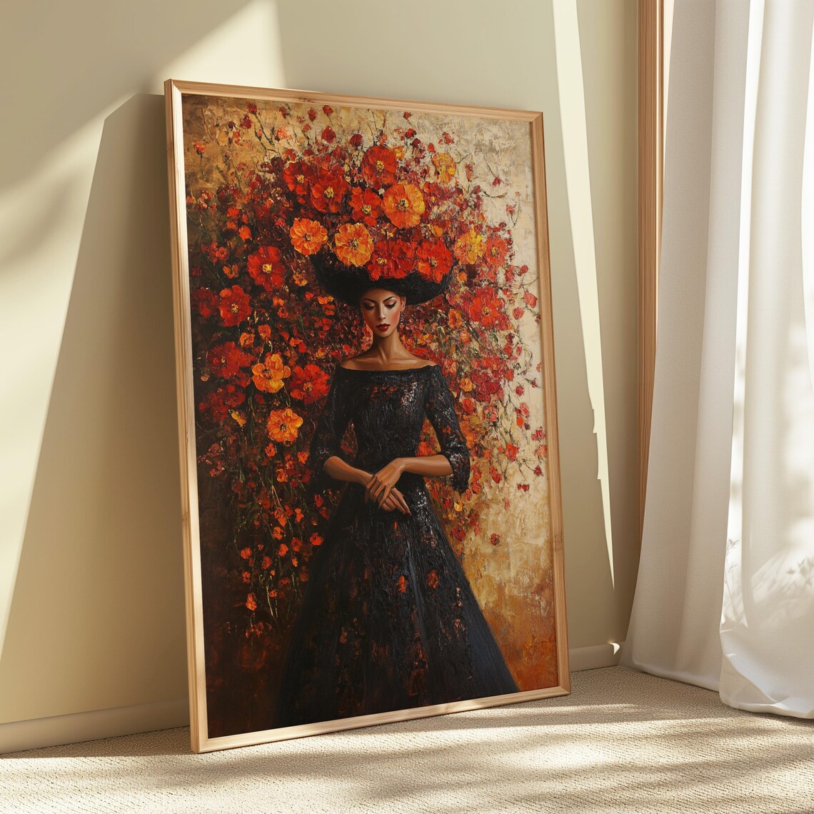 Elegant Woman Black Dress Marigold Headdress Oil Painting Floral Poster - Image 4